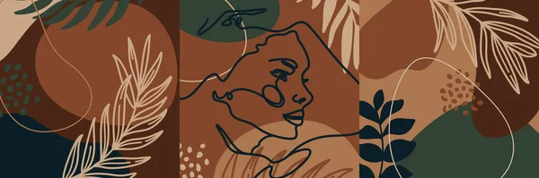 Встановити тло з пальмовим листям та жіночими шаблонами портретів для публікації у соціальних мережах. Векторна ілюстрація — стоковий вектор