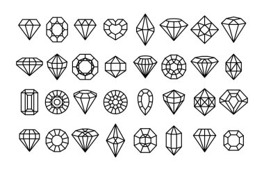 Gemstone simgelerinden oluşan büyük bir set lineer minimal tarzda. Vektör elmasları ve mücevherler doğrusal logo tasarım elementleri.