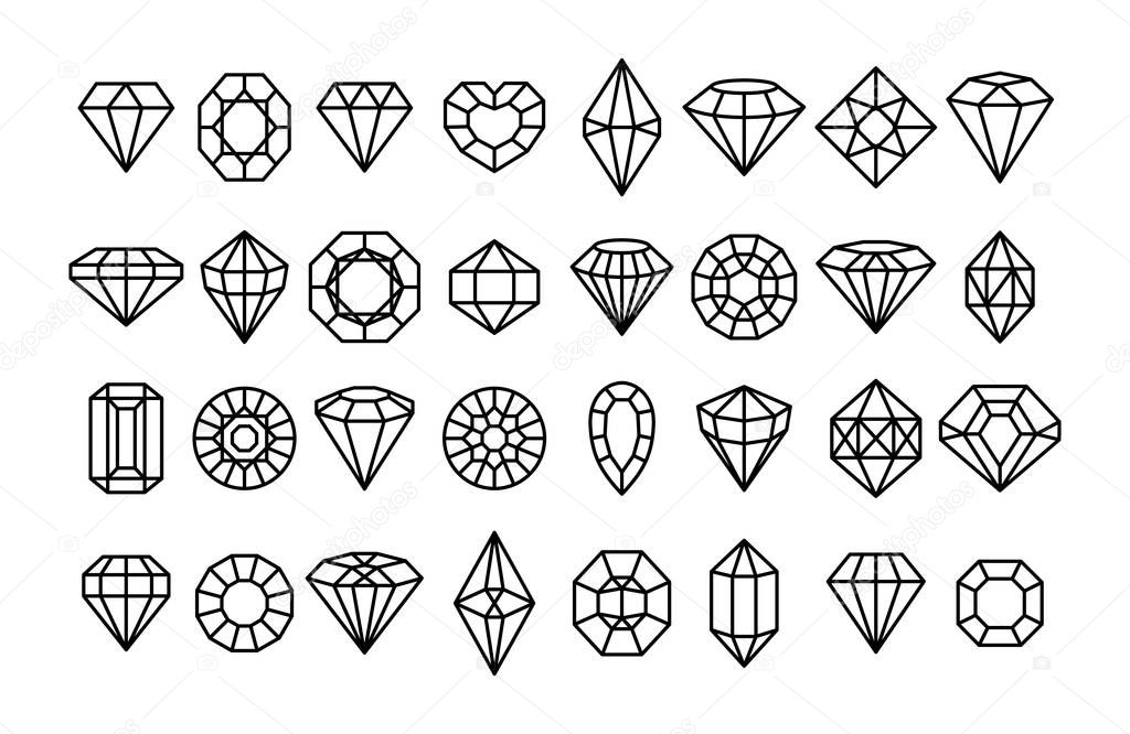 Big set of Gemstone icons in a linear minimal style. Vector diamonds and gems linear logo design elements.