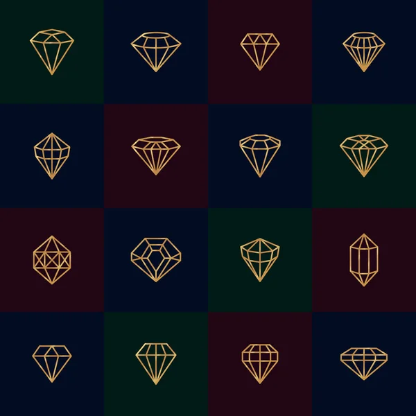 Diamantes iconos de la línea de oro sobre fondo oscuro. Elementos de diseño de vectores de cristal y gemas lineales. símbolos de lujo — Vector de stock