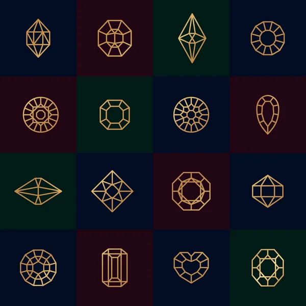 Diamonds gold line icons on dark background. Vector crystal and gems linear logo design elements. Luxury symbols — Stock vektor