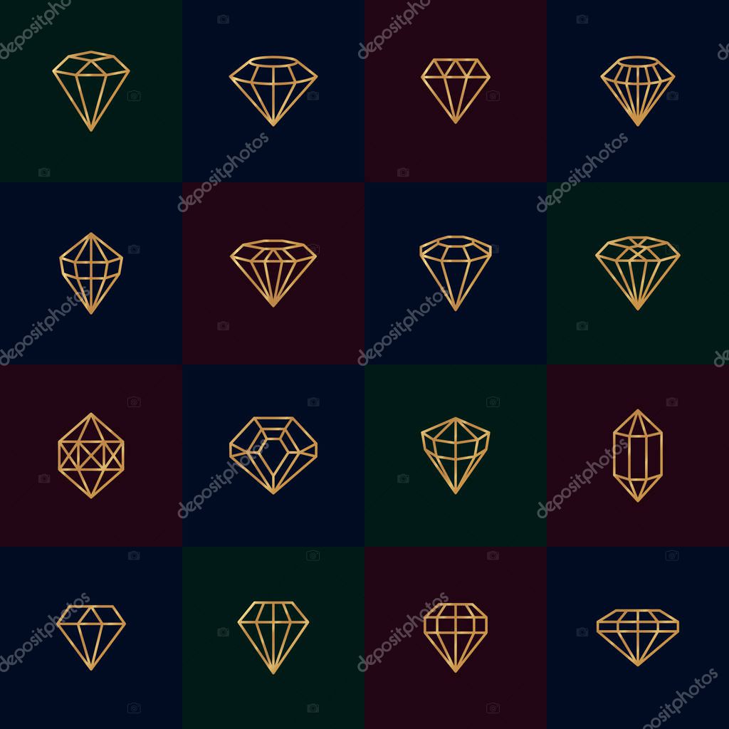 Diamonds gold line icons on dark background. Vector crystal and gems linear logo design elements. Luxury and premium symbols in a minimal style