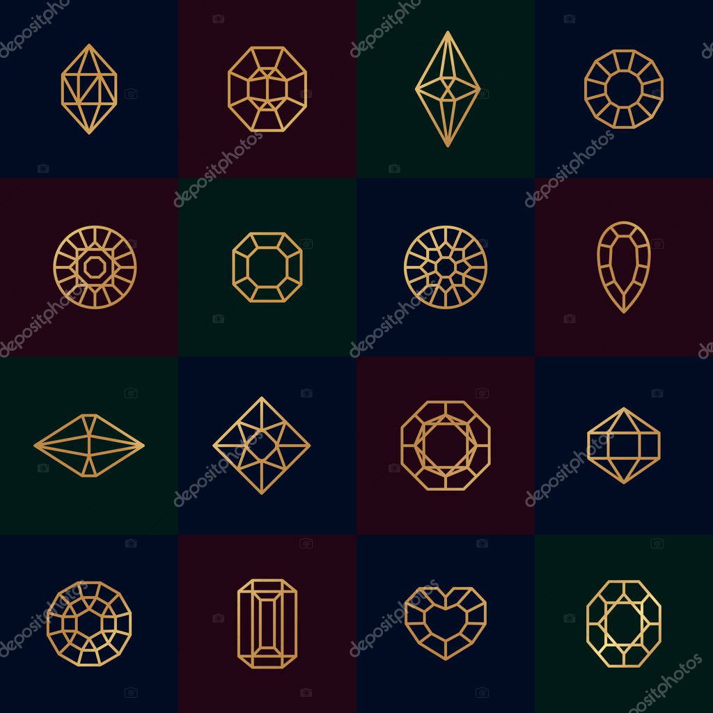 Diamonds gold line icons on dark background. Vector crystal and gems linear logo design elements. Luxury and premium symbols in a minimal style