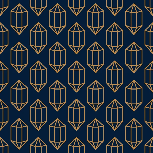 Edelsteen kristal Naadloos patroon in minimale trendy stijl. Gouden lineaire diamanten op een donkerblauwe achtergrond. Vector — Stockvector