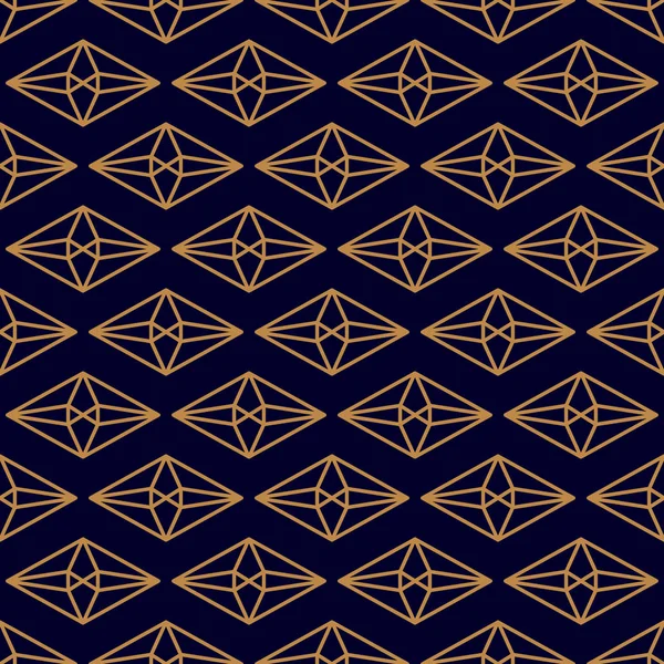 Rhombus Edelsteen Naadloos patroon in minimale trendy stijl. Gouden lineaire diamanten op een donkerblauwe achtergrond. Vector — Stockvector
