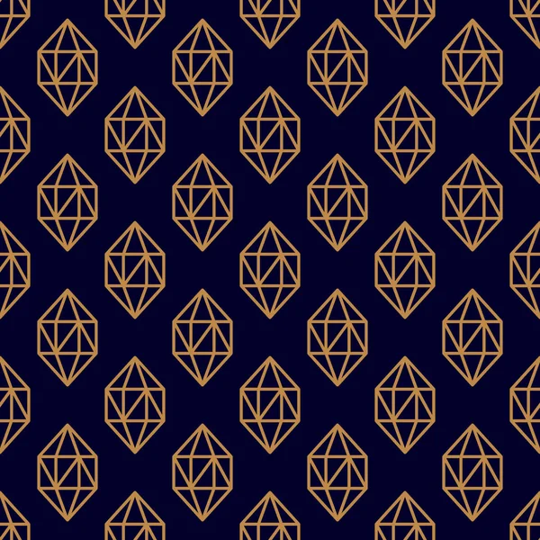 Hexagonal Edelsteen naadloos patroon in minimale trendy stijl. Gouden lineaire diamanten op een donkerblauwe achtergrond. Vector — Stockvector