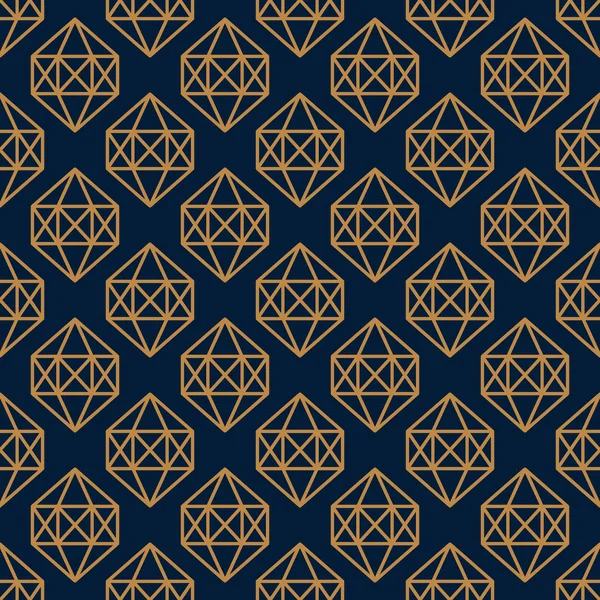 Hexagonal Edelsteen naadloos patroon in minimale trendy stijl. Gouden lineaire diamanten op een donkerblauwe achtergrond. Vector — Stockvector