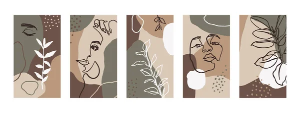 Kadın Portreler ve flora Elemanları ile Arka Planlar ayarlayın. Sosyal medya hikayeleri için minimalist tarzda Mobil Duvar Kağıtları.
