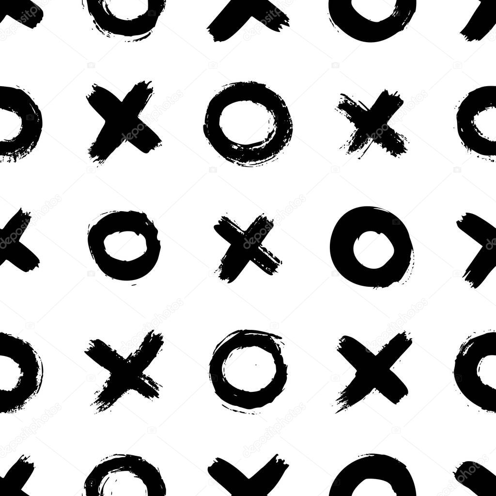 XOXO seamless pattern. Vector Abstract background with ink brush strokes. Monochrome hand drawn print. Grunge texture