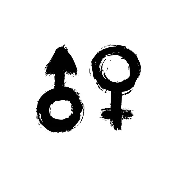 Gender signs of ink brushstrokes. Vector grunge symbol of Venus and Mars. Dirty textures of male and female icons. — Stock Vector