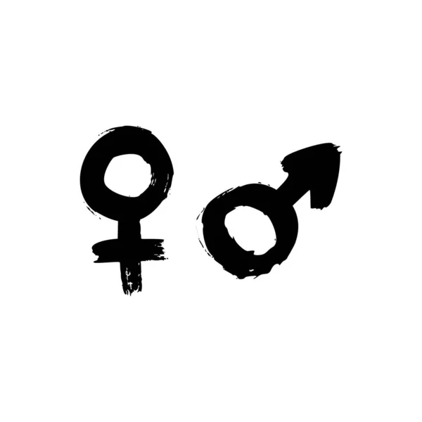 Gender signs of ink brushstrokes. Vector grunge symbol of Venus and Mars. Dirty textures of male and female icons. — Stock Vector