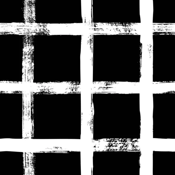 Grunge grille motif sans couture. Texture plaid abstraite dessinée à la main avec un pinceau à encre. Vecteur Monochrome fond — Image vectorielle
