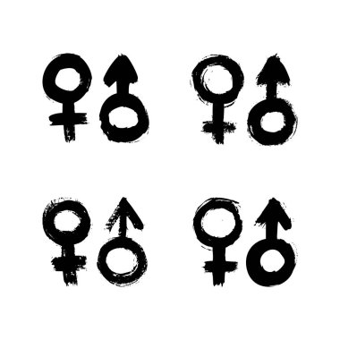Mürekkep fırçası darbelerinin cinsiyet belirtileri. Venüs ve Mars 'ın vektör grunge sembolü. Erkek ve kadın simgelerinin kirli dokuları.