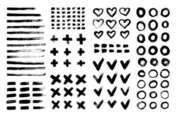 Collection d'encre Pinceau AVC pros, coeurs, croix, cercles, coche, rayures. Ensemble de brosses Grunge vectorielles . — Image vectorielle