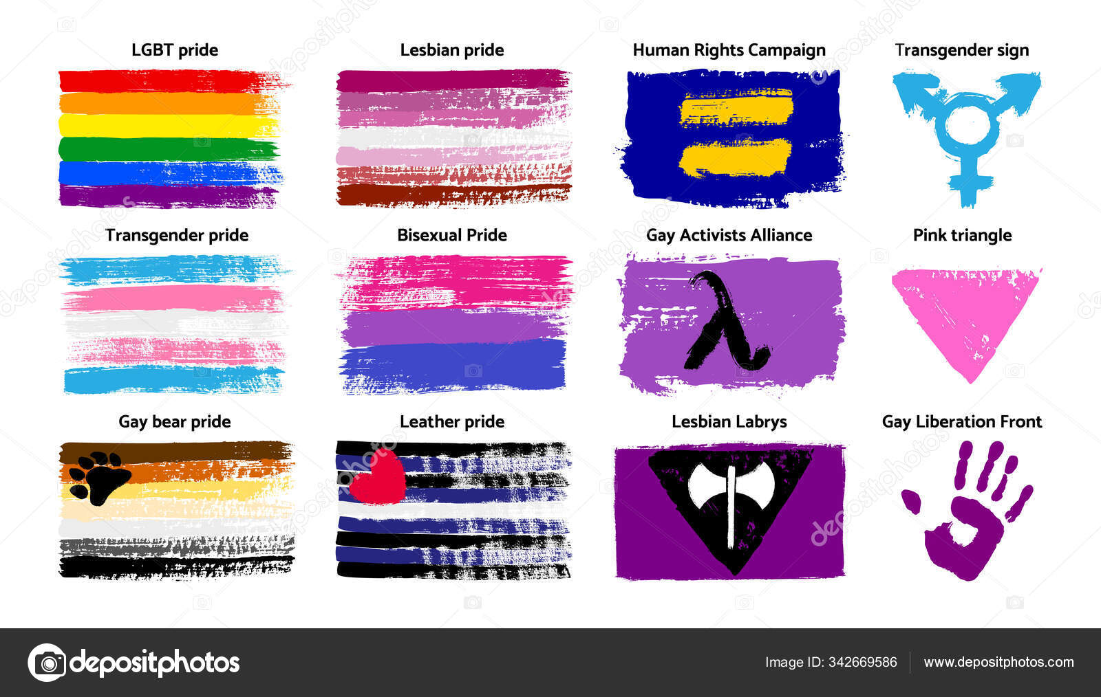 LGBT sexual identity pride flags collection. Rainbow lesbian gay bisexual  transgender non binary Stock Vector