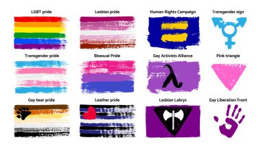 Grunge Lgbt Gurur Bayrağı ve Semboller Toplama Lezbiyen, Gey, Biseksüel, Transseksüel, Gey Ayı. Vektör