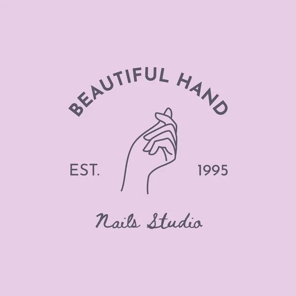 Emblema vetorial com uma mão feminina em um estilo linear minimalista na moda. Logotipo para um salão de beleza ou estúdio de unhas . —  Vetores de Stock