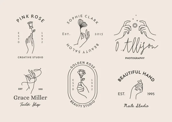 A set of women's hand logos in a minimalistic linear style. Vector design of sign templates in various gestures.