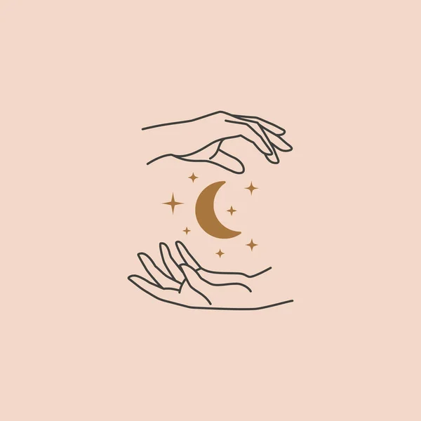 Logo féminin à la main dans un style linéaire minimal. Modèle de logo vectoriel avec gestes de main, lune et étoiles . — Image vectorielle