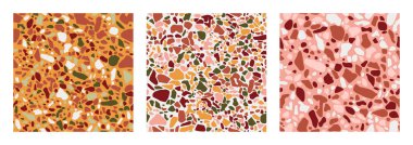 Terrazzo 'nun yeşil, terakotta, pembe ve sarı renklerle kaplanmış parke koleksiyonu. Venedik tarzında İtalyan zemininin vektör arkaplanı. Moda tarzında granit desen.