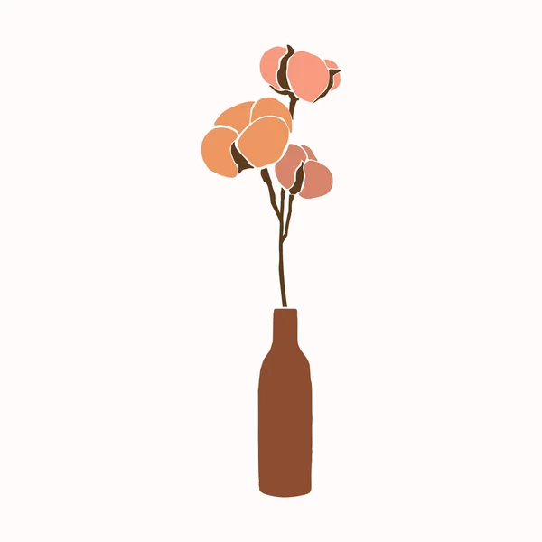 Kunstcollage Aus Baumwollblumen Einer Vase Minimalistischen Trendigen Stil Silhouette Eines — Stockvektor