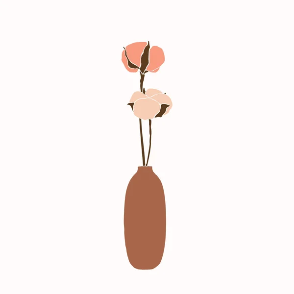 Kolaż Artystyczny Bawełnianych Kwiatów Wazonie Minimalistycznym Modnym Stylu Sylwetka Bawełnianej — Wektor stockowy