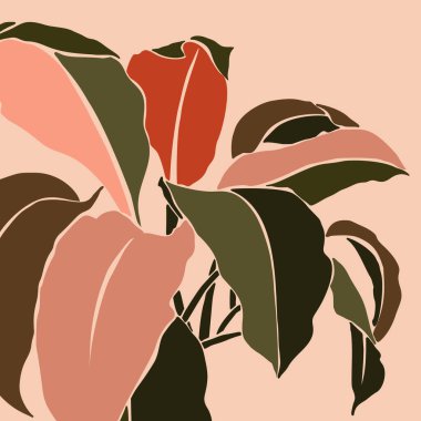 Tropik yapraklar minimalist moda tarzında. Çağdaş, basit ve soyut bir bitkinin silueti. Vektör illüstrasyon kolajı. Tişört baskısı, kart, poster, sosyal medya paylaşımı için