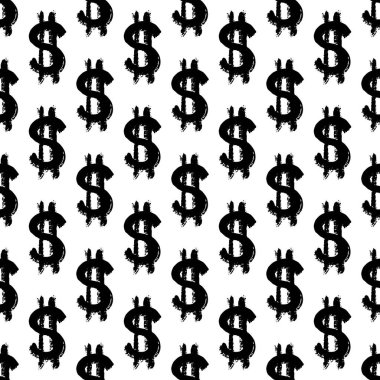 Dolar işaretleri fırça darbelerinin kusursuz şekli. Amerikan parasının sembolünden vektör monokrom grunge dokusu. Tekstil, kağıt, duvar kağıdı, tişört baskısı için İskandinav arka planı