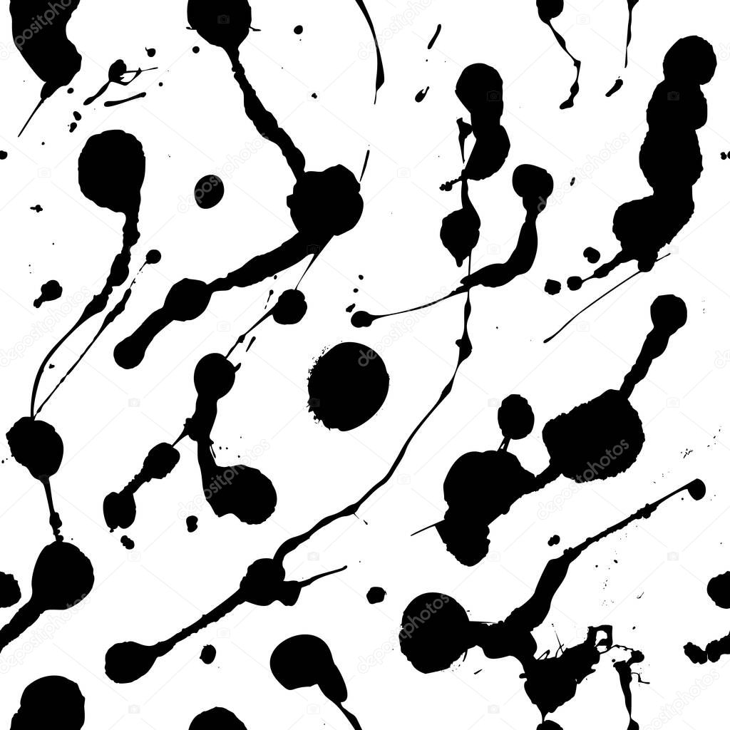 Paint splatter seamless pattern. Vector Abstract background. Monochrome hand drawn spray texture for printing poster, brochure, card, print, textile, cover.