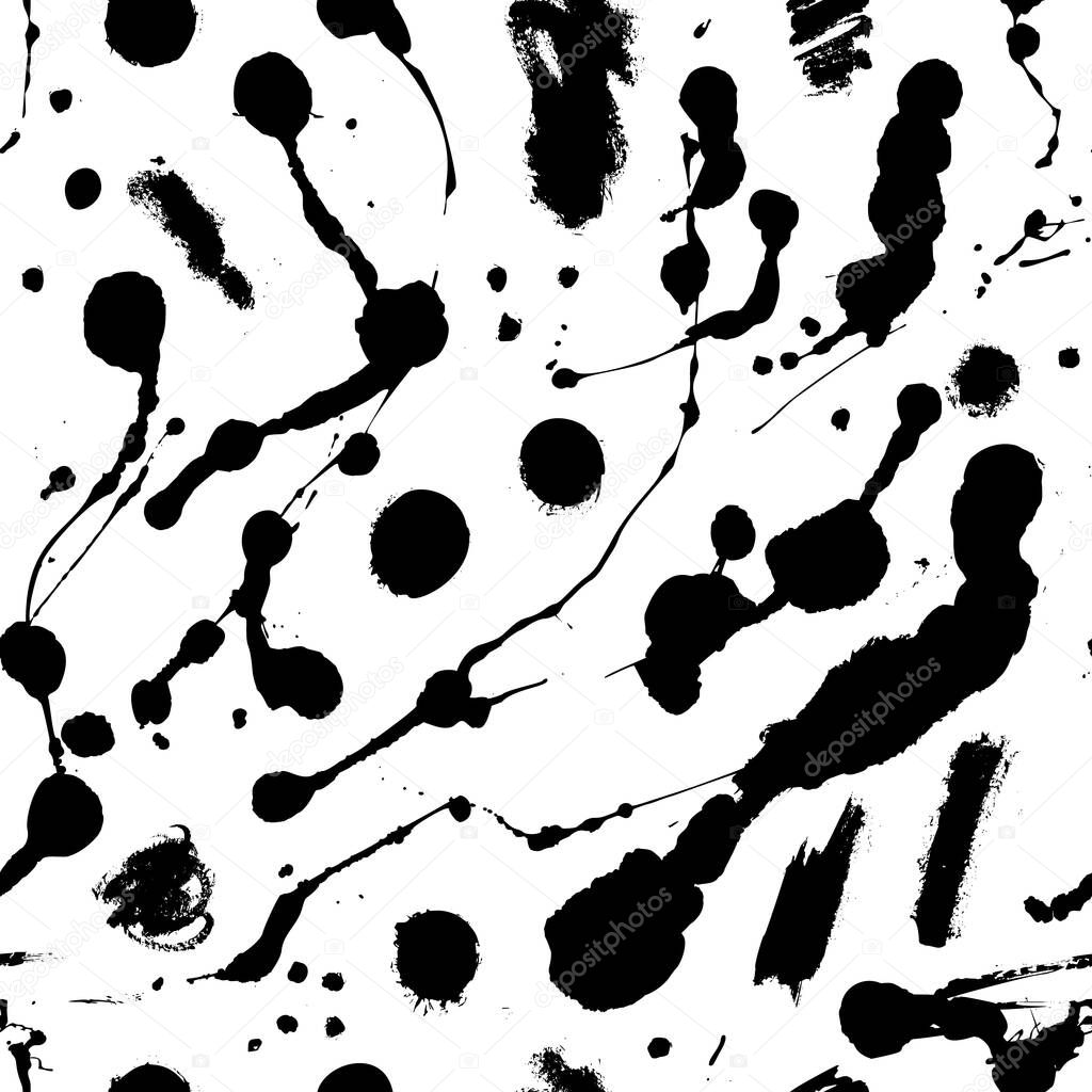 Paint splatter seamless pattern. Vector Abstract background. Monochrome hand drawn spray texture