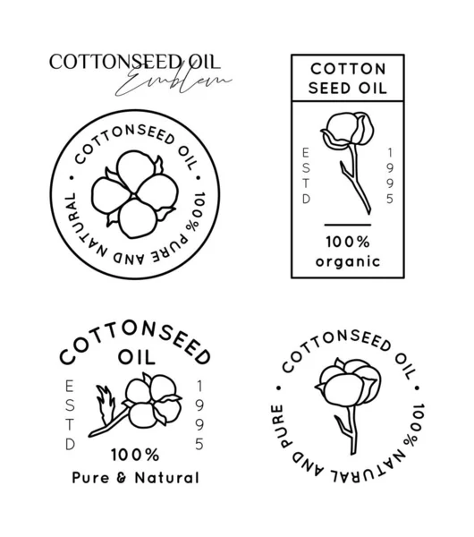 Saf Pamuk Tohumu Yağ Çizgisi etiketleri ve rozetleri - Vektör Yuvarlak Simgeleri, Etiketler, Damgalar Pamuk Çiçekleri. Doğal Petrol Logoları