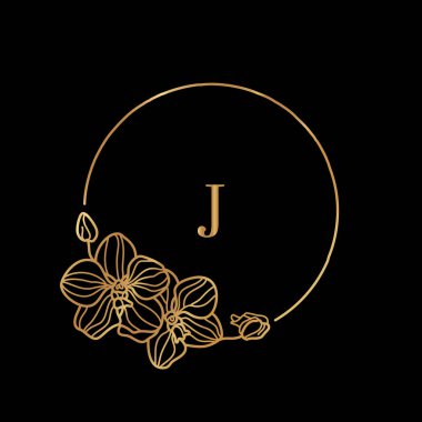 Altın çerçeve şablonu Orkide Çiçeği ve J harfinin asgari doğrusal şeklinde monogram konsepti. Metin için kopyalama alanı olan vektör çiçek logosu. Kozmetik, İlaç, Gıda, Moda, Güzellik Amblemi