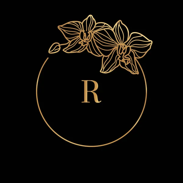 Rangka emas templat Orchid Flower dan monogram konsep dengan huruf R dalam gaya linear minimal. Logo flora vektor - Stok Vektor