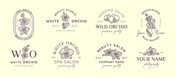 Orkide logoları basit doğrusal şekilde dizayn şablonlarını ayarlayın. Güzellik Salonu, SPA, Düğün Butikleri, Fotoğrafçılar, Moda Dükkanı, Çiçekçi için Vektör Amblemi ve ikonu