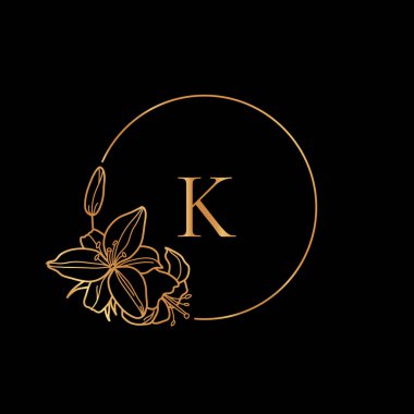 Altın çerçeve şablonu Lily Flower ve K harfinin asgari doğrusal şekli ile monogram konsepti. Vektör çiçek logosu