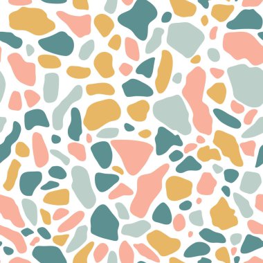 Terrazzo zemini pastel renklerle kusursuz deseni kaplıyor. Venedik tarzında İtalyan zemininin vektör arkaplanı. Moda tarzında granit desen.