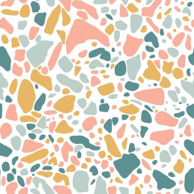 Terrazzo zemini pürüzsüz nane, sarı ve pembe renklerle kaplı. Venedik tarzında İtalyan zemininin vektör arkaplanı. Moda tarzında granit desen.