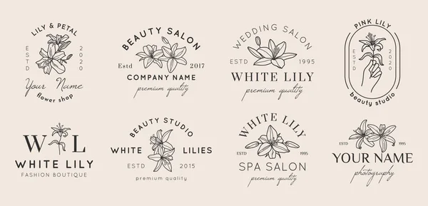 Conjunto de logotipos femeninos con flores Lily en un estilo lineal minimalista simple. Vector emblema floral e icono — Archivo Imágenes Vectoriales