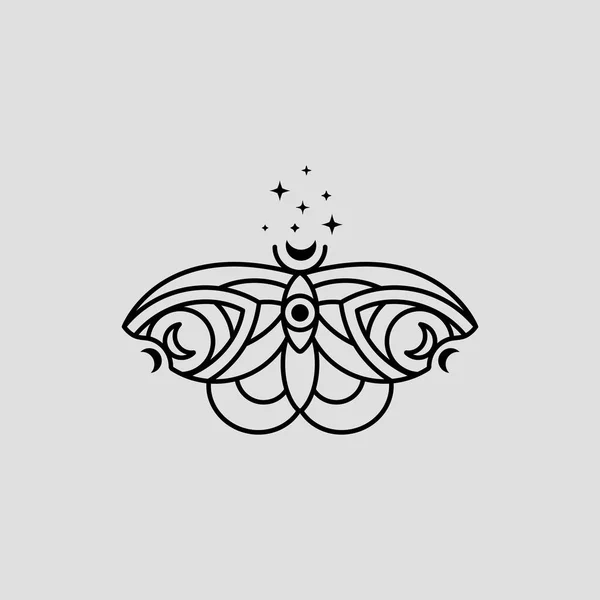 Titokzatos pillangó logó holddal és csillagokkal, trendi, minimális lineáris stílusban. A boszorkányság vektoremblémája — Stock Vector