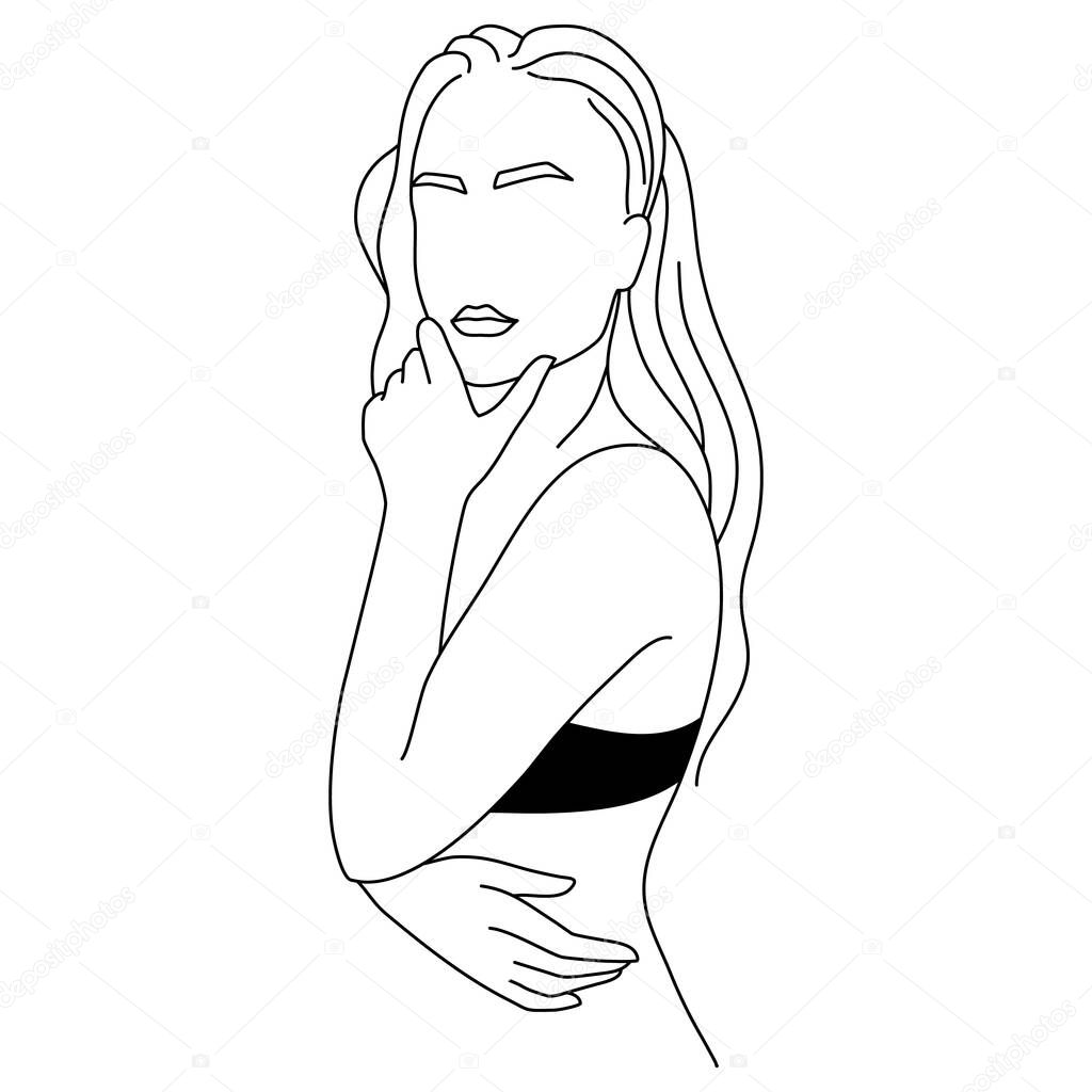 Abstract minimalistic female figure in underwear. Vector fashion illustration of the female body in a trendy linear style. Elegant art. For posters, tattoos, logos of underwear stores