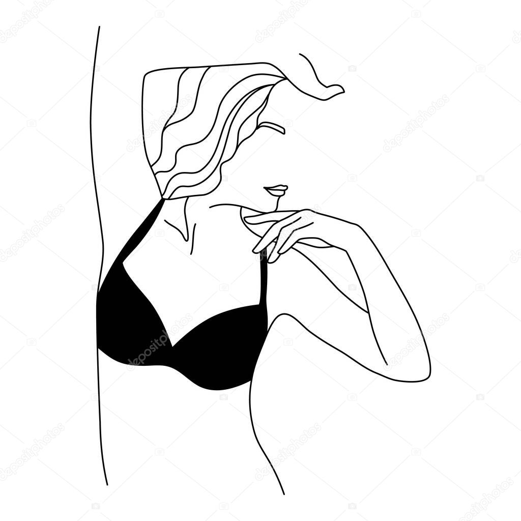 Abstract minimalistic female figure in underwear. Vector fashion illustration of the female body in a trendy linear style. Elegant art. For posters, tattoos, lingerie logo