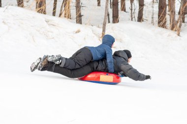 Baba ve oğul, tepeden aşağı kayarken eğlendiler.