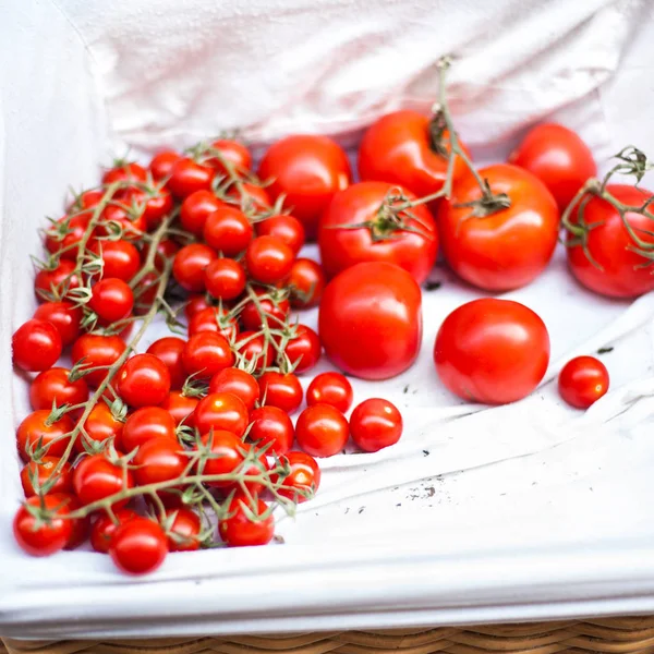 Tomates cereja vermelhos em uma cesta — Fotografia de Stock