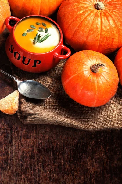 Pumpkin soup with fresh pumpkins — Stock Image Pumpkin soup with fresh pumpkins Stock Photo