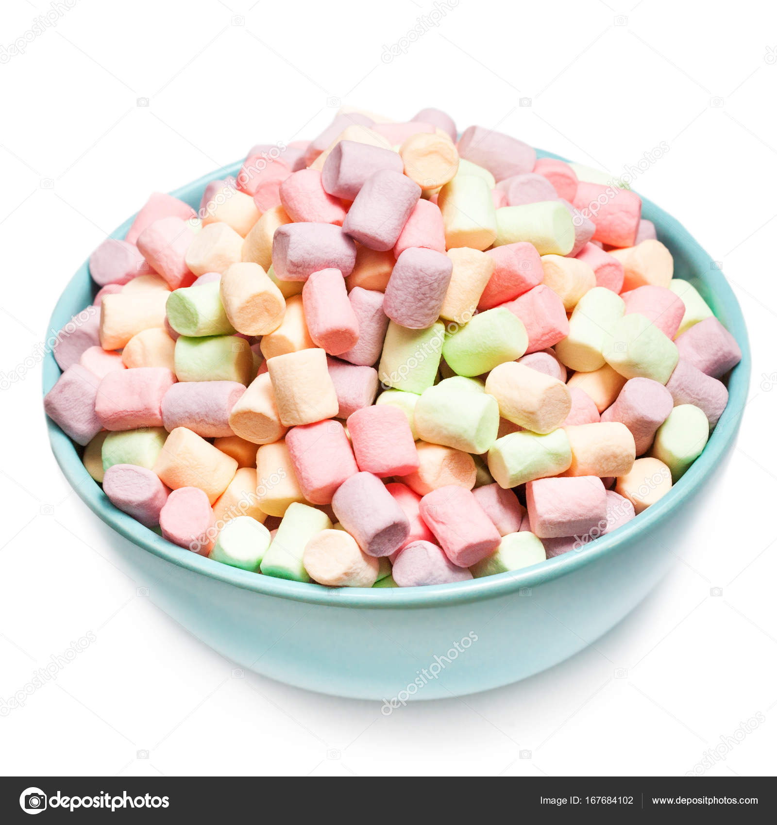 Colorful marshmallows in a blue bowl — Stock Photo © Zakharova 167684102