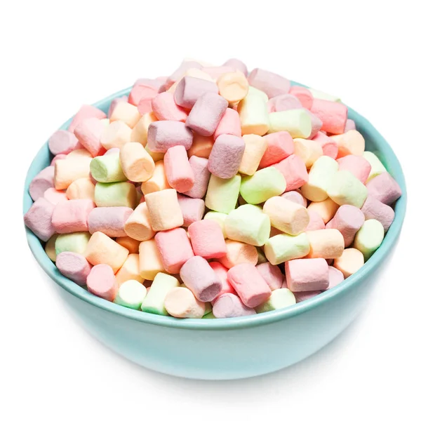 Kleurrijke marshmallows in een blauwe kom — Stockfoto