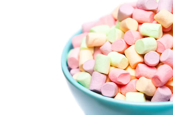 Colorful marshmallows in a blue bowl — Stock Photo, Image