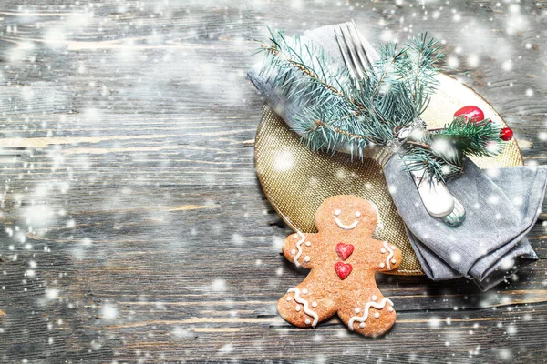 Christmas Table Setting Festive Decorations Wooden Background Copy Space — Stock Photo, Image