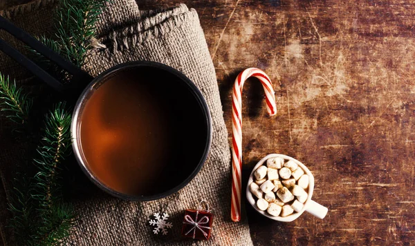 Winter Christmas Card Hot Chocolate Pot Marshmallow Copyspace — Stock Photo, Image