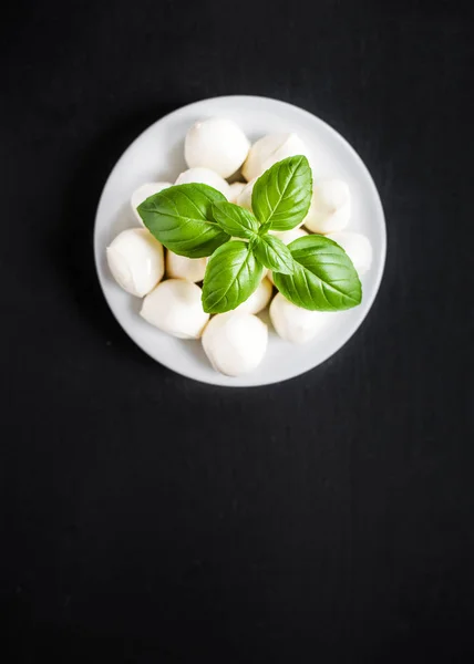 Mozzarella Basil Leaves Fresh Ingredients Caprese Salad Copy Space — Stock Photo, Image